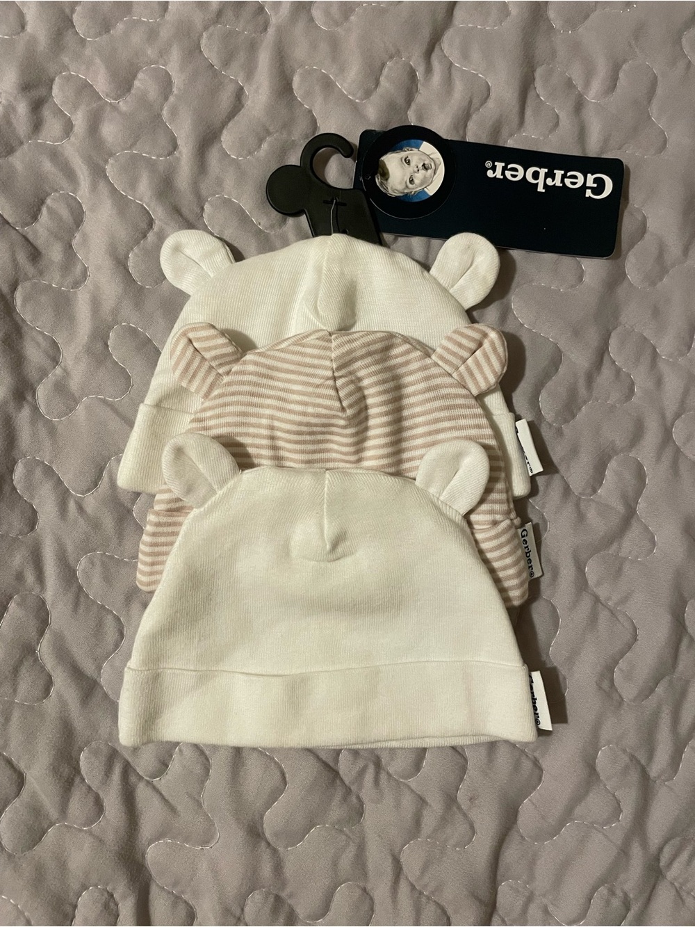 5/$25 Gerber Newborn Baby Bear Ear Hat Set - White & Tan Striped NWT